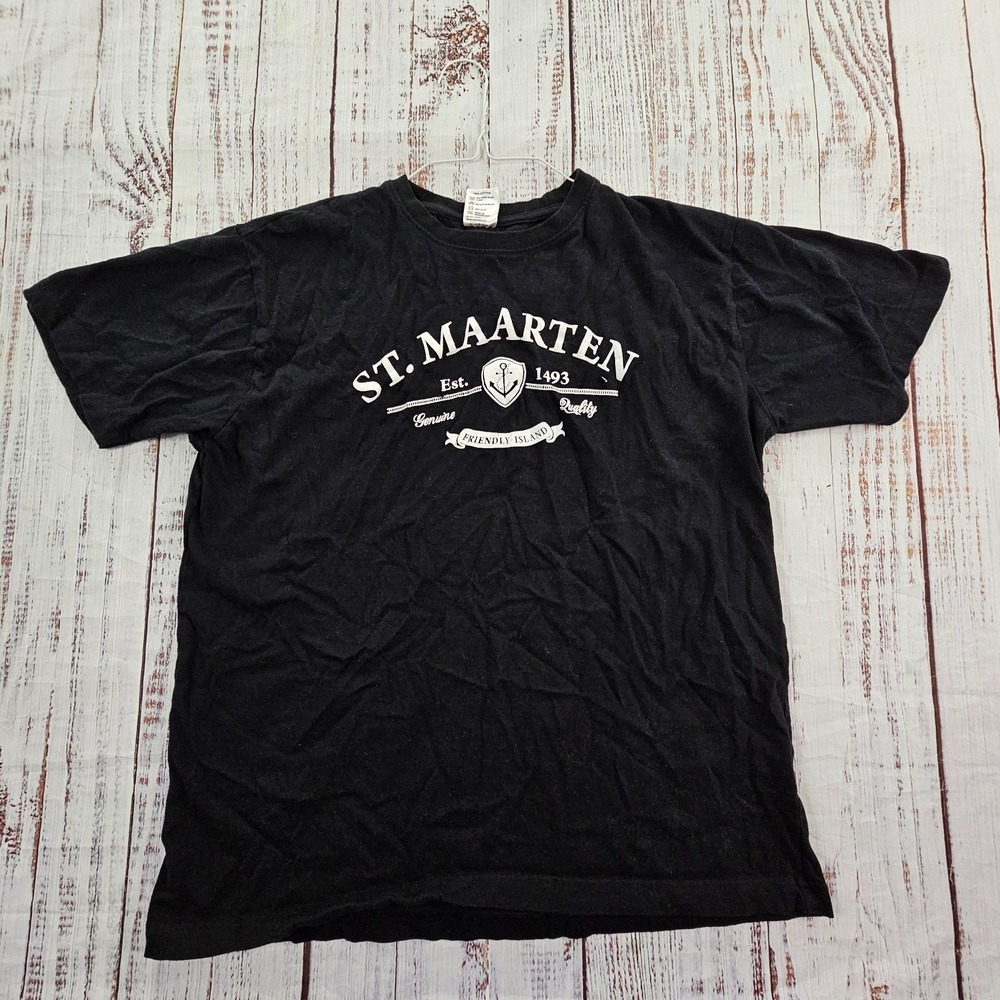 St Maarten Friendly Island Black Short Sleeve Cotton T-Shirt Women's L